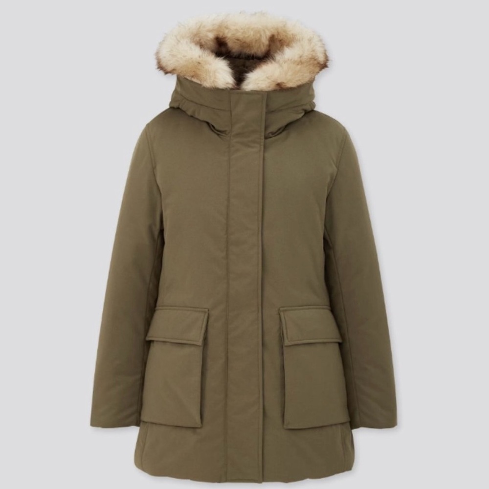Uniqlo sz XS Down Hybrid parka with faux fur hood insulated green zip/snap VGUC